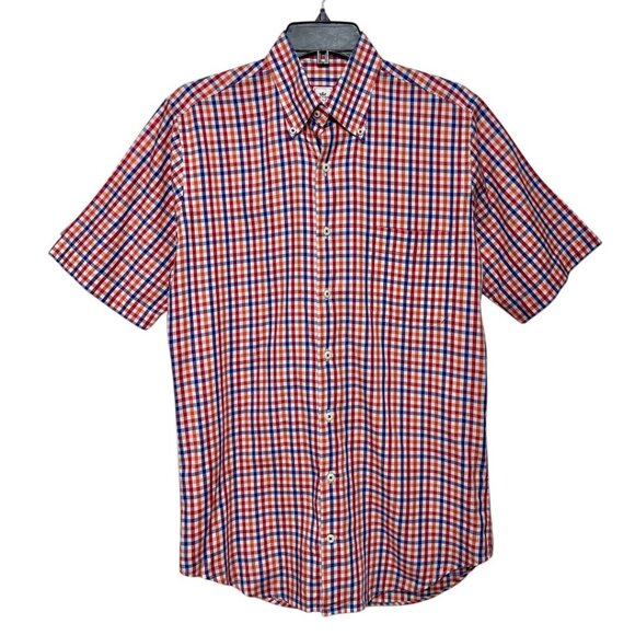 Peter Millar Red Blue & White Plaid Short Sleeve Button-Down Shirt Small Cotton - Picture 1 of 11